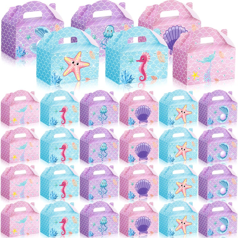 Dunzoom 24 Pcs Mermaid Party Favors Treat Boxes Shell Pearl Mermaid Goodie Bags Candy Gift Bags Ocean Gable Box with Handles for Girls Under The Sea Birthday Party Supplies - Image 1