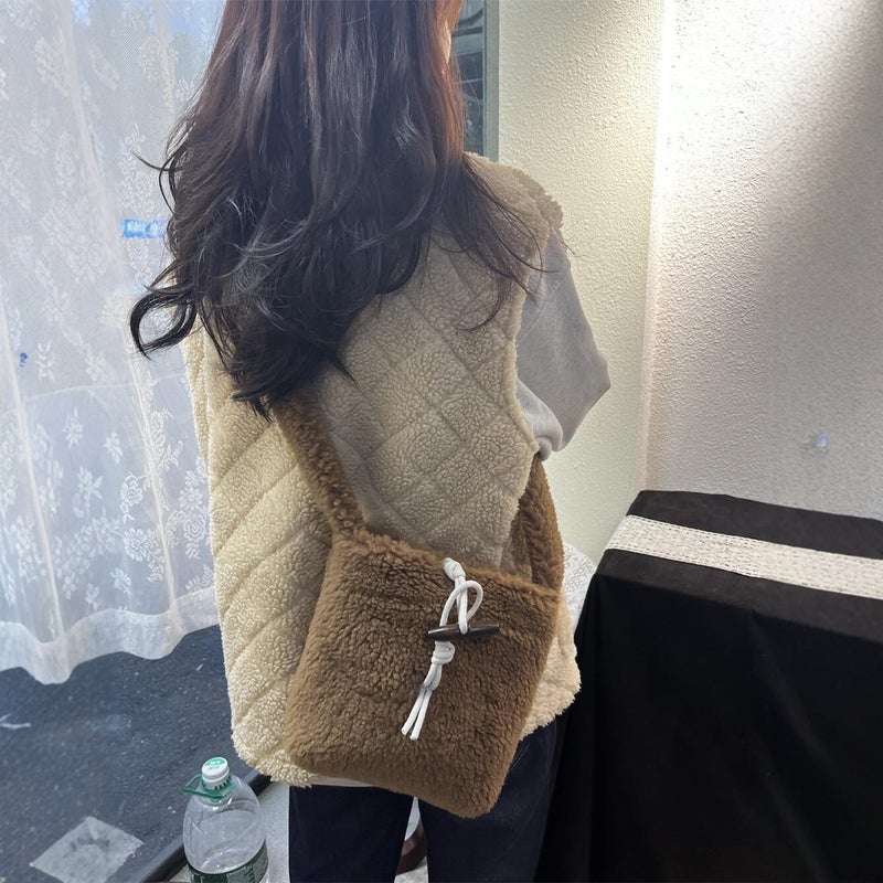 Korean Style Cute Plush Crossbody Bag Women'S Winter Vintage Brown Lamb Fur Horn Buckle Bag Instagram Style Shoulder Bag - Image 5