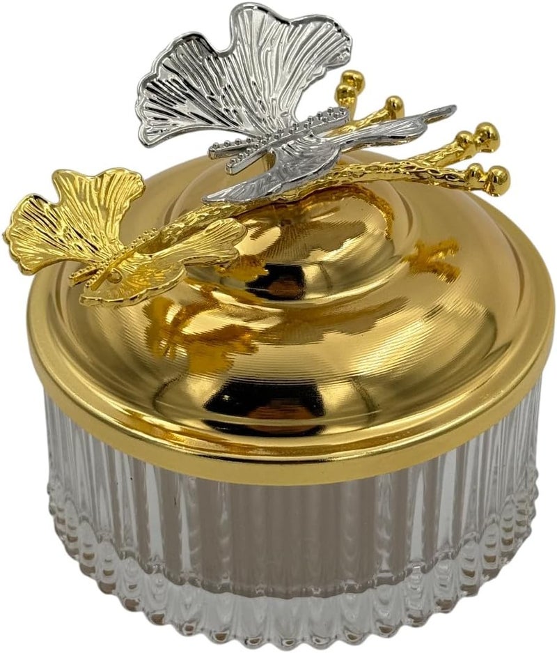 B&D Decorative Glass Storage Bowl with Gold-Tone Lid and Silver Butterfly Accents - Image 1