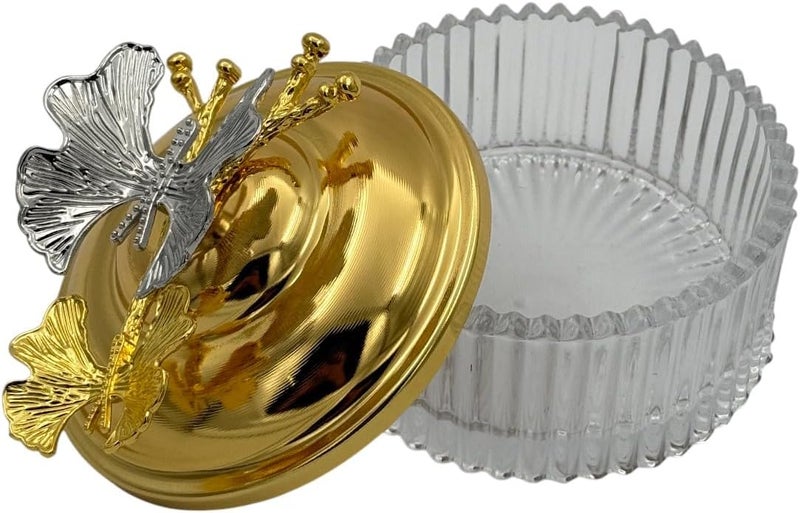 B&D Decorative Glass Storage Bowl with Gold-Tone Lid and Silver Butterfly Accents - Image 3
