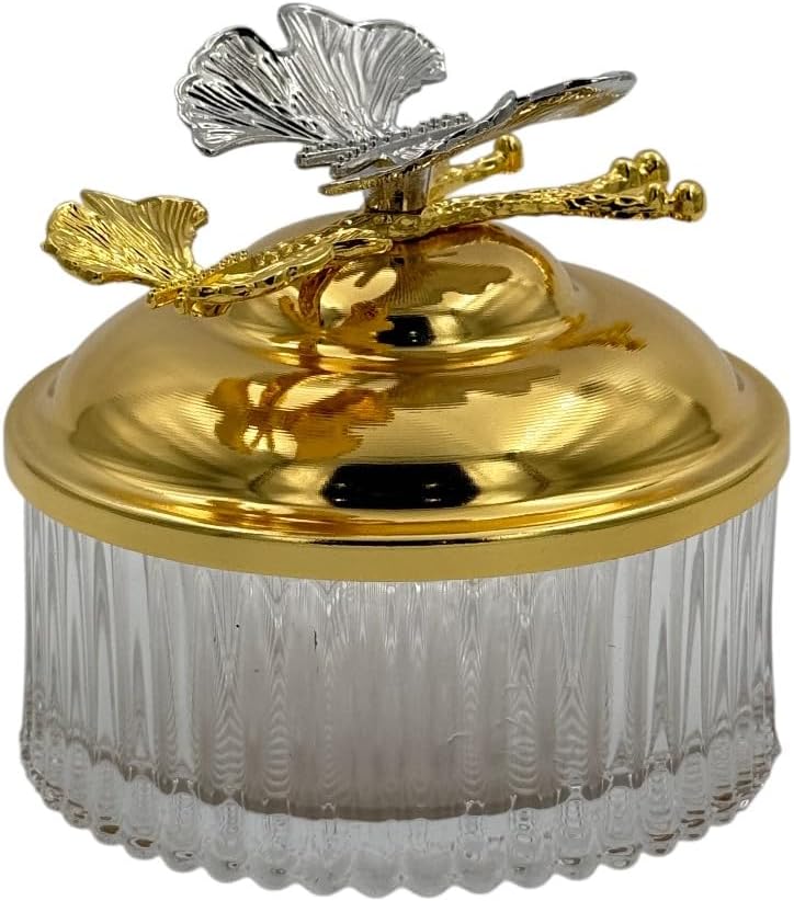 B&D Decorative Glass Storage Bowl with Gold-Tone Lid and Silver Butterfly Accents - Image 2