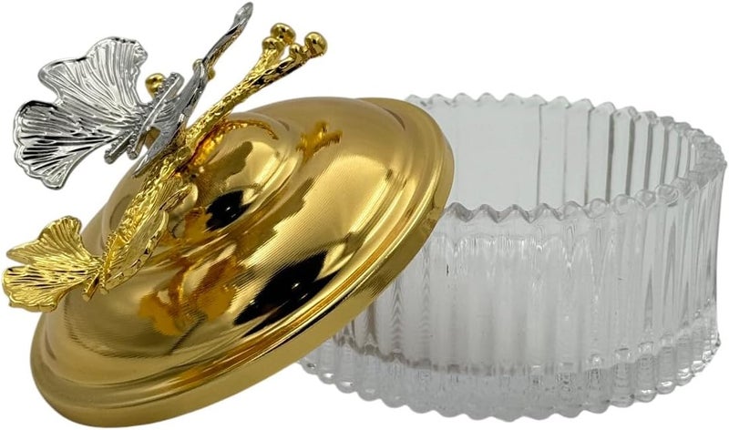 B&D Decorative Glass Storage Bowl with Gold-Tone Lid and Silver Butterfly Accents - Image 4