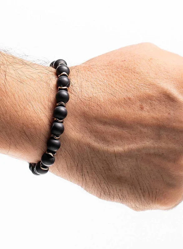 CHRYSOSTOMOS Handmade Beaded Bracelet for Men with Black Onyx and Gold Wave Hematite