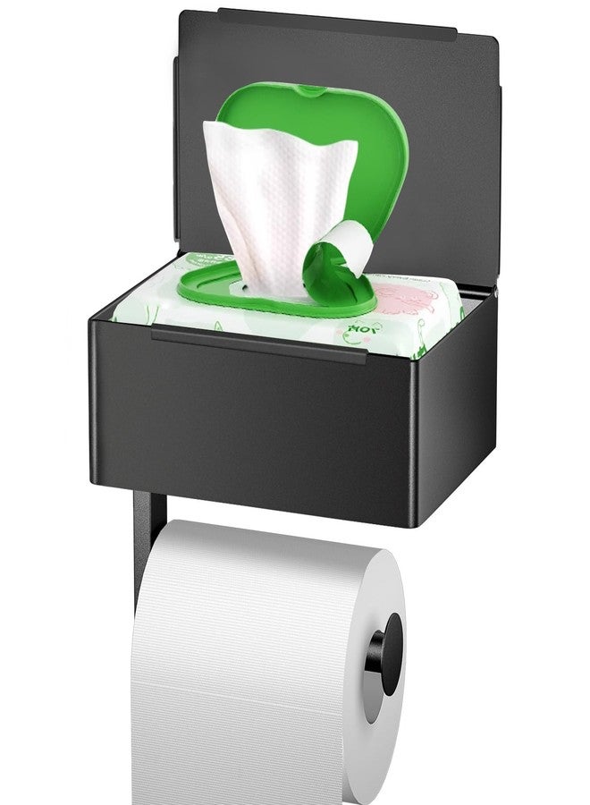 Bjiotun Toilet Paper Holder with Shelf - SUS304 Stainless Steel Toilet Paper Storage with Wipes Dispenser & Toilet Paper Roll Holder Wall Mount for Bathroom Storage, No Drill to Install - Matte Black - Image 1