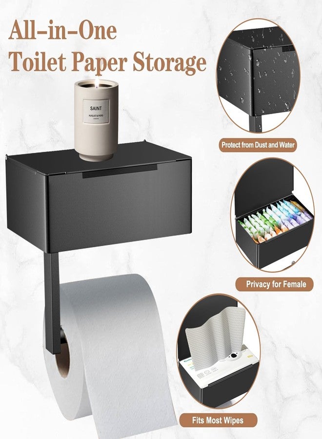 Bjiotun Toilet Paper Holder with Shelf - SUS304 Stainless Steel Toilet Paper Storage with Wipes Dispenser & Toilet Paper Roll Holder Wall Mount for Bathroom Storage, No Drill to Install - Matte Black - Image 2