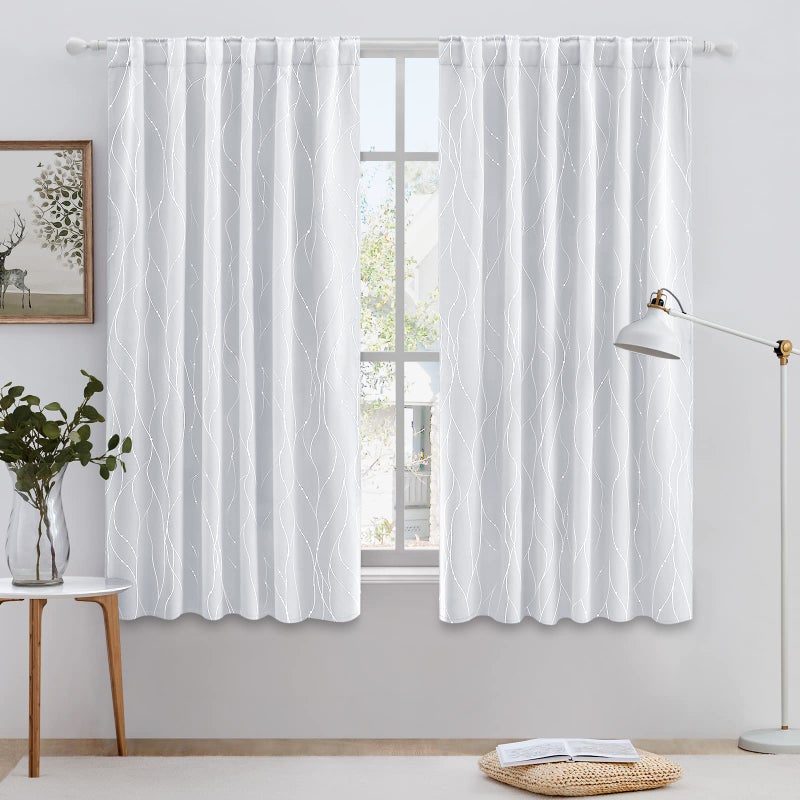 HOMEIDEAS HOMEIDEAS Greyish White Blackout Curtains 52 X 63 Inch Length 2 Panels Silver Wave Line with Dots Printed Back Tab Room Darkening Curtains  Pocket Thermal Light Blocking Window Curtains for Bedroom - Image 2