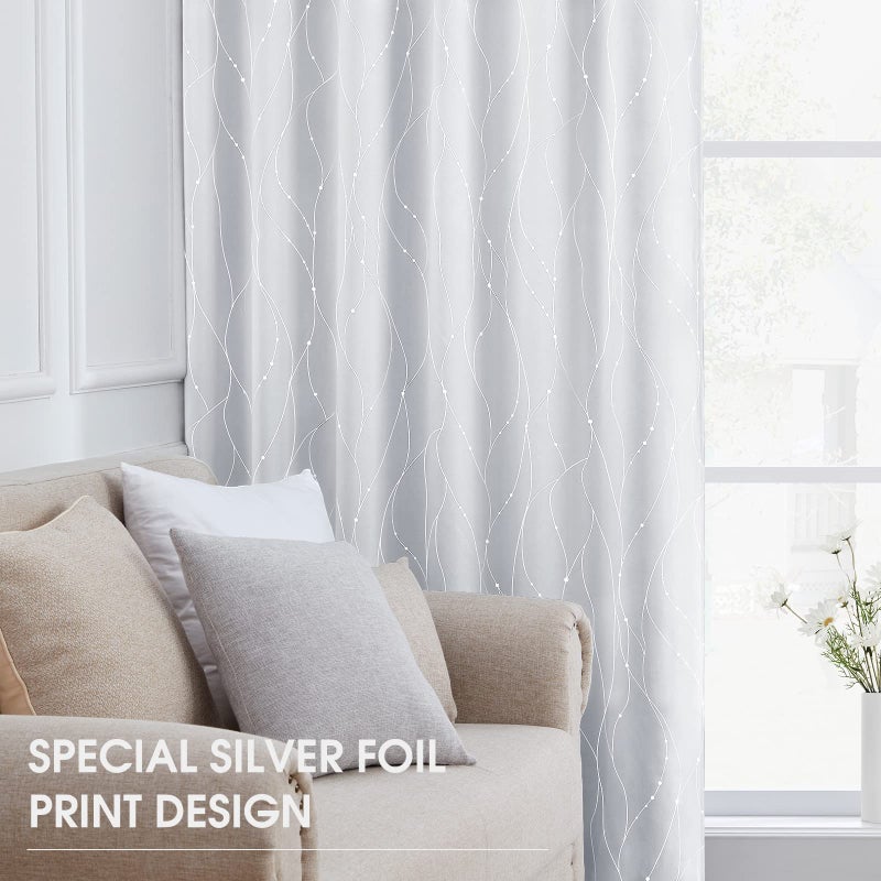 HOMEIDEAS HOMEIDEAS Greyish White Blackout Curtains 52 X 63 Inch Length 2 Panels Silver Wave Line with Dots Printed Back Tab Room Darkening Curtains  Pocket Thermal Light Blocking Window Curtains for Bedroom - Image 3