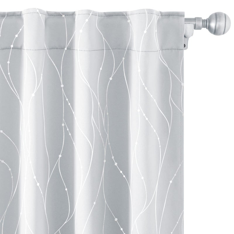 HOMEIDEAS HOMEIDEAS Greyish White Blackout Curtains 52 X 63 Inch Length 2 Panels Silver Wave Line with Dots Printed Back Tab Room Darkening Curtains  Pocket Thermal Light Blocking Window Curtains for Bedroom - Image 1