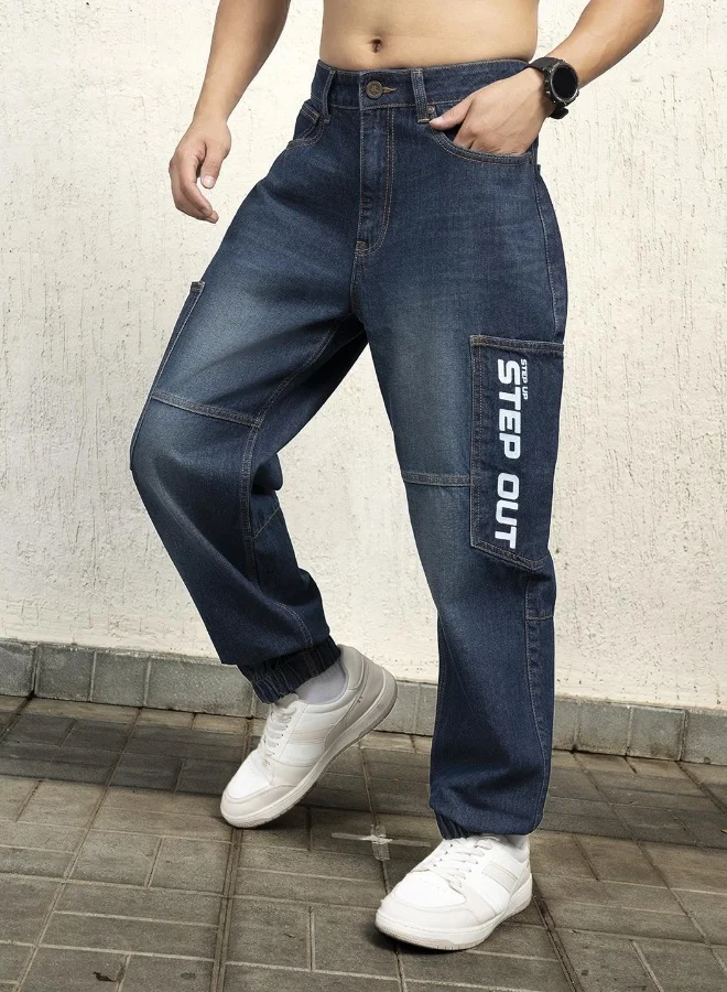 Hubberholme Men's Indigo 100% Cotton Bleached Full Length Baggy Jeans