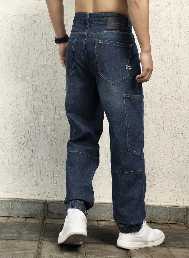 Hubberholme Men's Indigo 100% Cotton Bleached Full Length Baggy Jeans