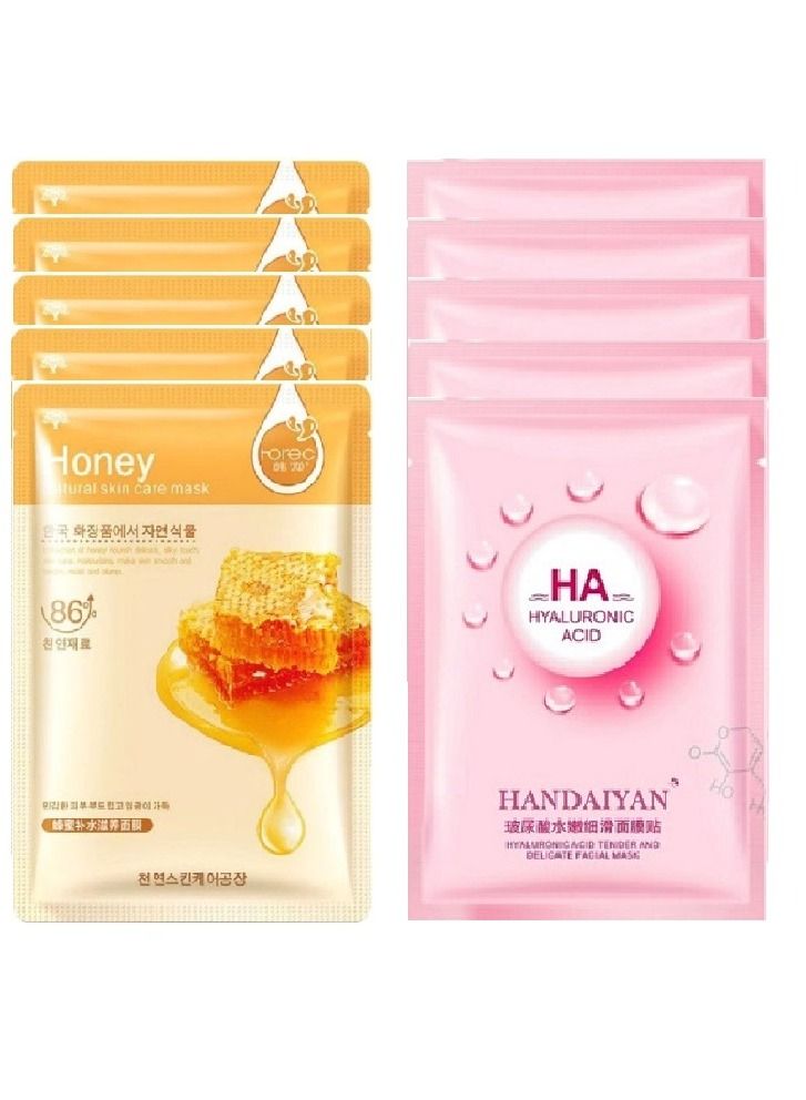 روريك مجموعة من 10 قطع: 5  أقنعة  ترطيب للوجه بخلاصة العسل الطبيعي و 5 أقنعة للوجه بحمض الهيالورونيك لتوازن دهون الوجه