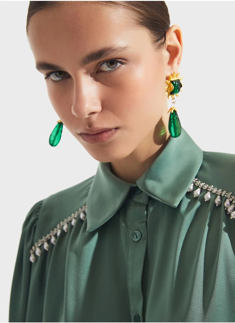 جون Embroidered Neck Button Down Shirt
