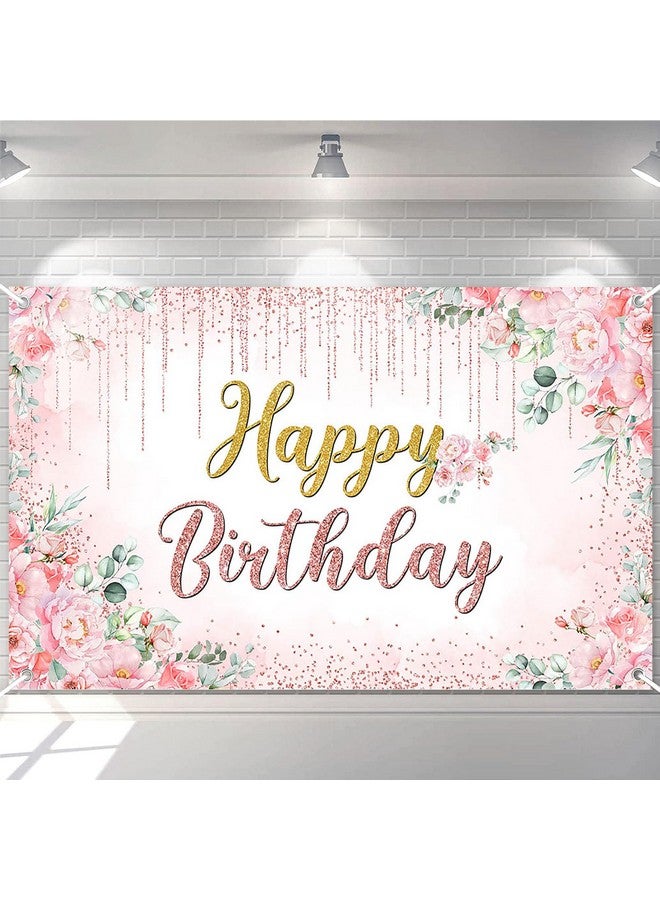 Avezano Happy Birthday Backdrop Banner For Girls Women Rose Gold Birthday Banner Pink Floral Glitters Happy Birthday Banner Party Supplies 70.8 X 43.3 Inch - Image 1