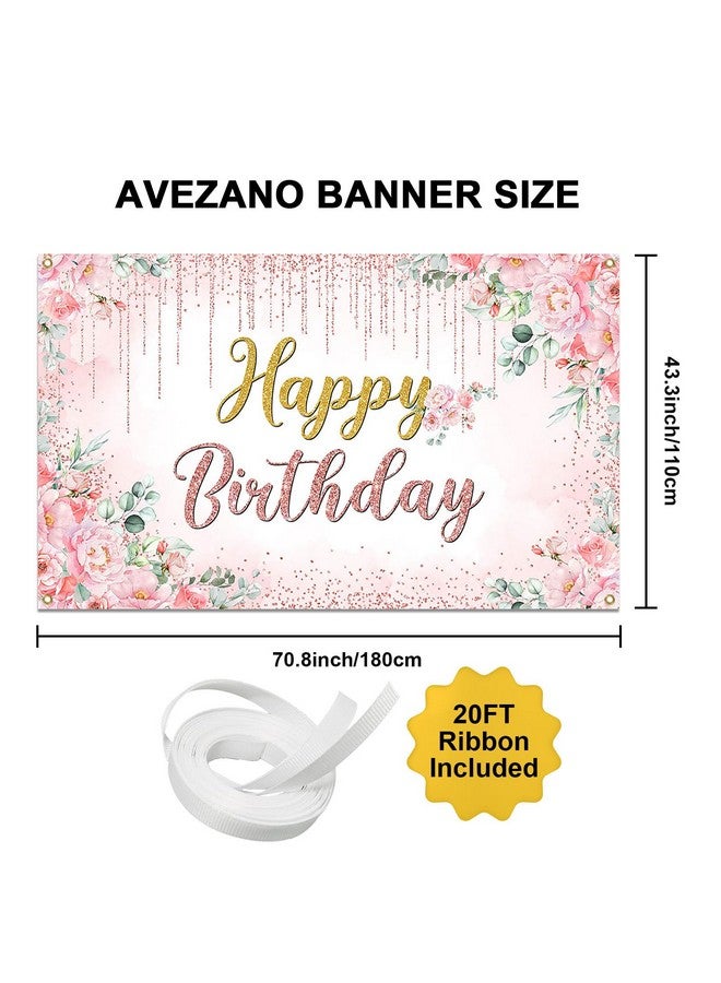 Avezano Happy Birthday Backdrop Banner For Girls Women Rose Gold Birthday Banner Pink Floral Glitters Happy Birthday Banner Party Supplies 70.8 X 43.3 Inch - Image 2
