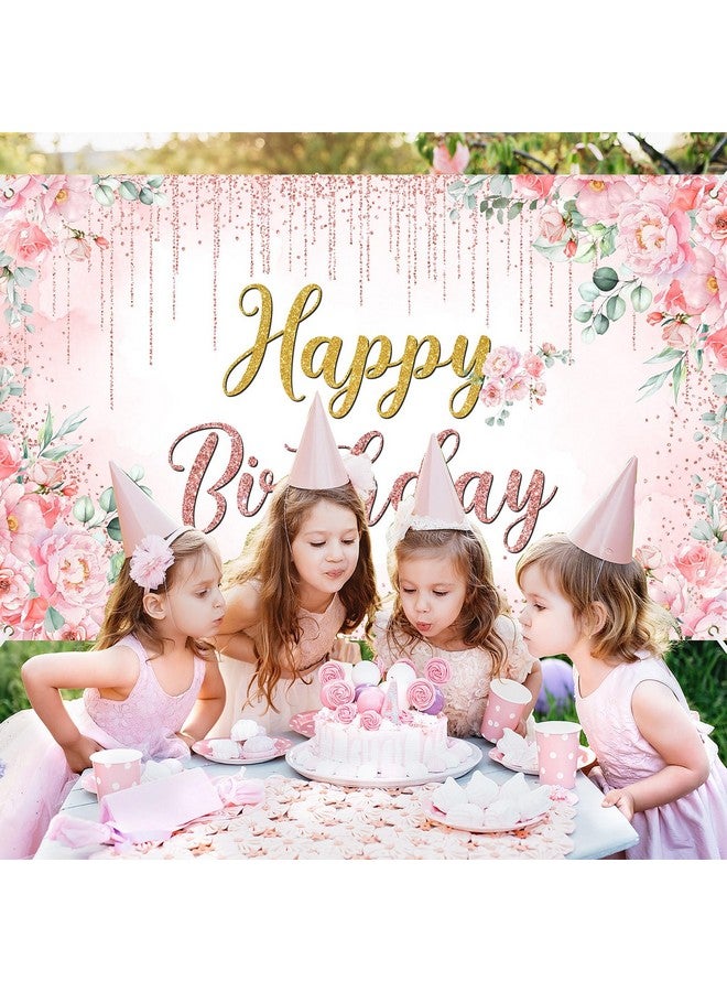 Avezano Happy Birthday Backdrop Banner For Girls Women Rose Gold Birthday Banner Pink Floral Glitters Happy Birthday Banner Party Supplies 70.8 X 43.3 Inch - Image 4
