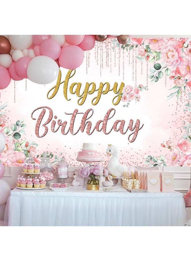 Avezano Happy Birthday Backdrop Banner For Girls Women Rose Gold Birthday Banner Pink Floral Glitters Happy Birthday Banner Party Supplies 70.8 X 43.3 Inch - Image 3