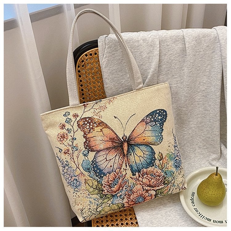 Double-Sided Gold Thread Jacquard Embroidered Canvas Bag Student Tutoring Bag Shoulder Bag Large Capacity Mommy Bag Literary Style Chinese Style - Image 1
