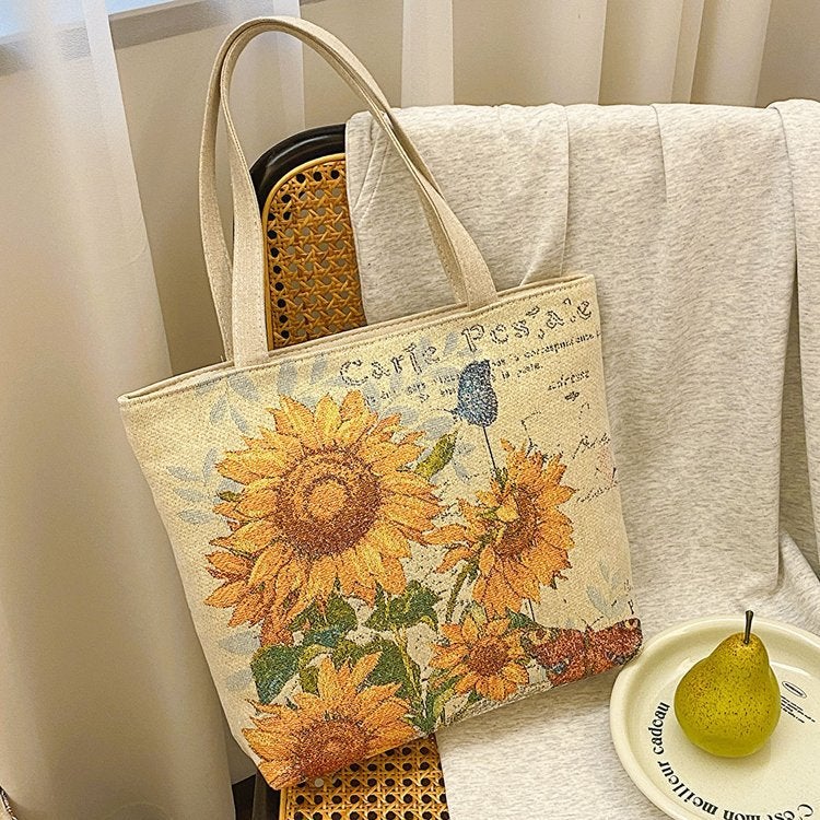 Double-Sided Gold Thread Jacquard Embroidered Canvas Bag Student Tutoring Bag Shoulder Bag Large Capacity Mommy Bag Literary Style Chinese Style - Image 2