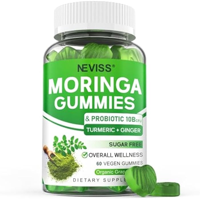 NEVISS Moringa Gummies for Women Men, Sugar Free, Vegan, with 10 Billion CFU Probiotic Turmeric Ginger Ceylon Cinnamon, Chewable Organic Pure Moringa Leaf Supplement for Adults | Gut & Immune Support, 60Cts - Image 1