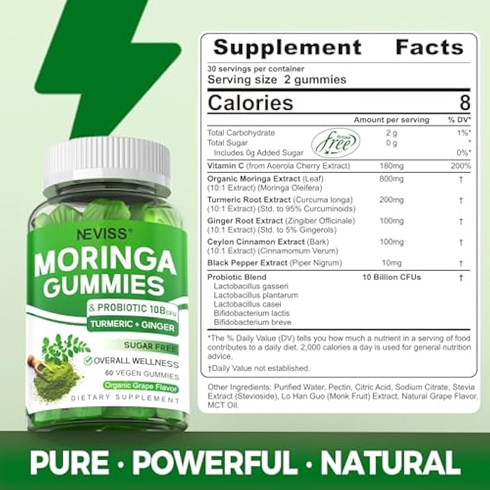 NEVISS Moringa Gummies for Women Men, Sugar Free, Vegan, with 10 Billion CFU Probiotic Turmeric Ginger Ceylon Cinnamon, Chewable Organic Pure Moringa Leaf Supplement for Adults | Gut & Immune Support, 60Cts - Image 2