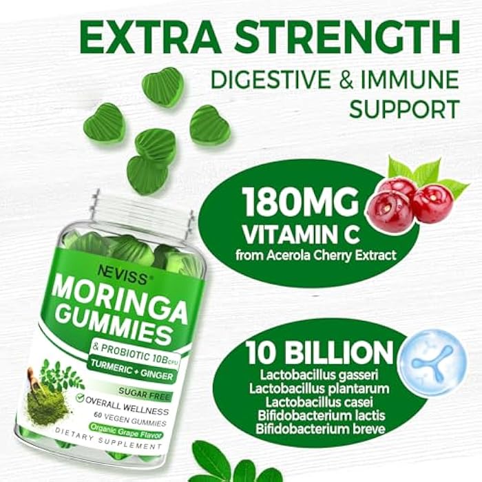 NEVISS Moringa Gummies for Women Men, Sugar Free, Vegan, with 10 Billion CFU Probiotic Turmeric Ginger Ceylon Cinnamon, Chewable Organic Pure Moringa Leaf Supplement for Adults | Gut & Immune Support, 60Cts - Image 4