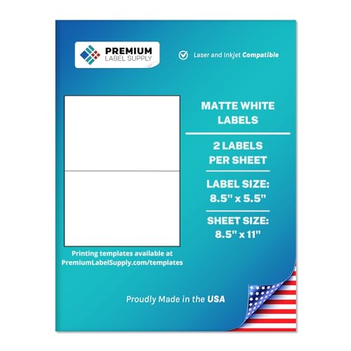 Premium Label Supply White Sticker Half Sheet Labels – 8.5" x 5.5" – Laser/Inkjet Compatible – (2 per Sheet), 100 Sheets - 200 Total Adhesive Labels - Image 1