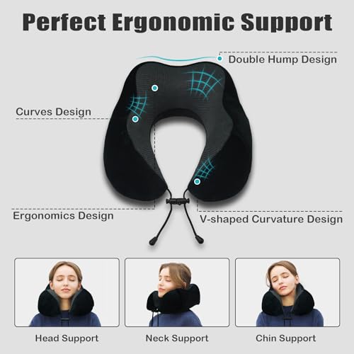 Elvodosia Travel Pillow, Memory Foam Neck Pillow for Traveling, U Shape Neck Pillow Airplane Portable Flight Pillow Travel Kit with 3D Contoured Eye Masks and Earplug for Plane Train Car Home Office - Black - Image 4