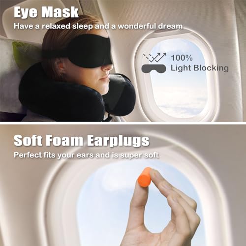 Elvodosia Travel Pillow, Memory Foam Neck Pillow for Traveling, U Shape Neck Pillow Airplane Portable Flight Pillow Travel Kit with 3D Contoured Eye Masks and Earplug for Plane Train Car Home Office - Black - Image 2