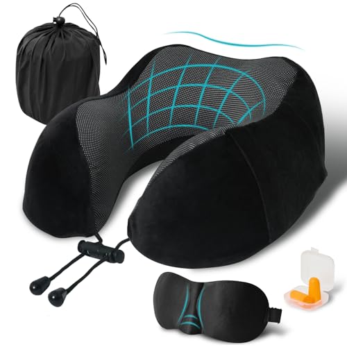 Elvodosia Travel Pillow, Memory Foam Neck Pillow for Traveling, U Shape Neck Pillow Airplane Portable Flight Pillow Travel Kit with 3D Contoured Eye Masks and Earplug for Plane Train Car Home Office - Black - Image 1