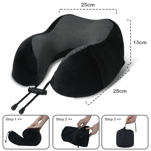 Elvodosia Travel Pillow, Memory Foam Neck Pillow for Traveling, U Shape Neck Pillow Airplane Portable Flight Pillow Travel Kit with 3D Contoured Eye Masks and Earplug for Plane Train Car Home Office - Black - Image 5