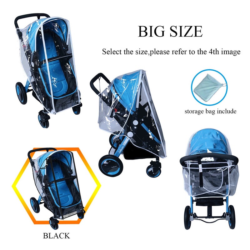 AncBace Baby Stroller Rain Cover Umbrella Weather Shield Accessories Universal Size Protect from Rain Wind Snow Dust Water Proof Ventilate Clear Food Grade Materia EVA Plastic Zipper Black (Large) - Image 2