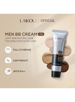 Laikou Men BB Cream SPF 15 PA++, Full-Coverage Foundation & Concealer, Mens Face Moisturizer Cream Evens Skin Tone, Oil Control and Cover Flaws, Natural Finish for All Skin Types (Light 160)  - Image 2