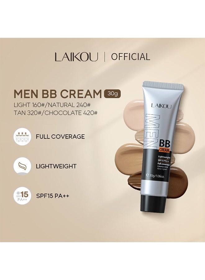 Laikou - Men BB Cream SPF 15 PA++, Full-Coverage Foundation & Concealer, Mens Face Moisturizer Cream Evens Skin Tone, Oil Control and Cover Flaws, Natural Finish for All Skin Types (Light 160) - Image 1