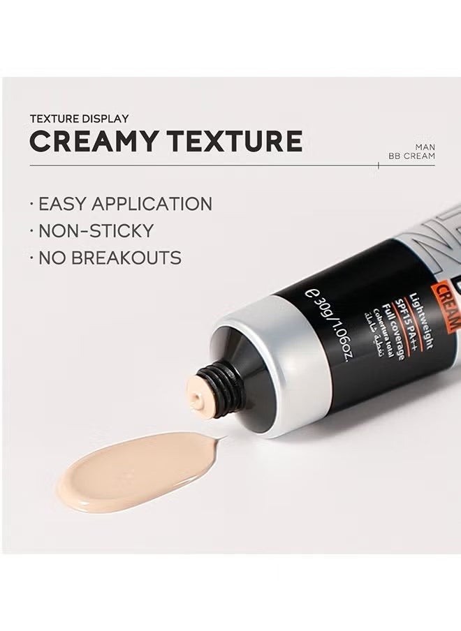 Laikou - Men BB Cream SPF 15 PA++, Full-Coverage Foundation & Concealer, Mens Face Moisturizer Cream Evens Skin Tone, Oil Control and Cover Flaws, Natural Finish for All Skin Types (Light 160) - Image 1