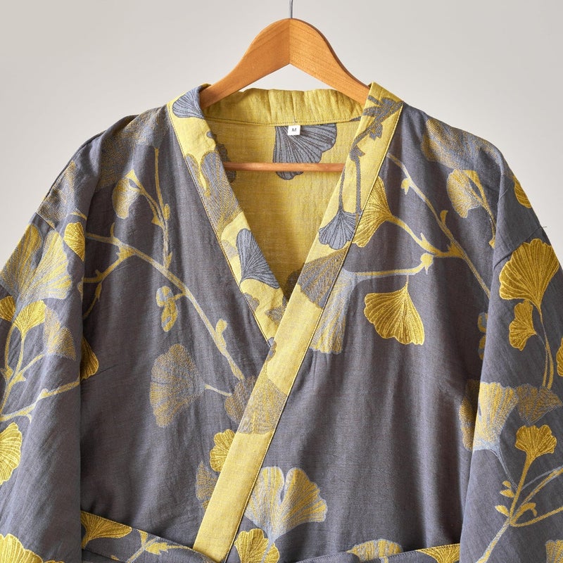 Kimono Robe 100% Cotton Gauze Ginkgo Leaf Print - Image 3
