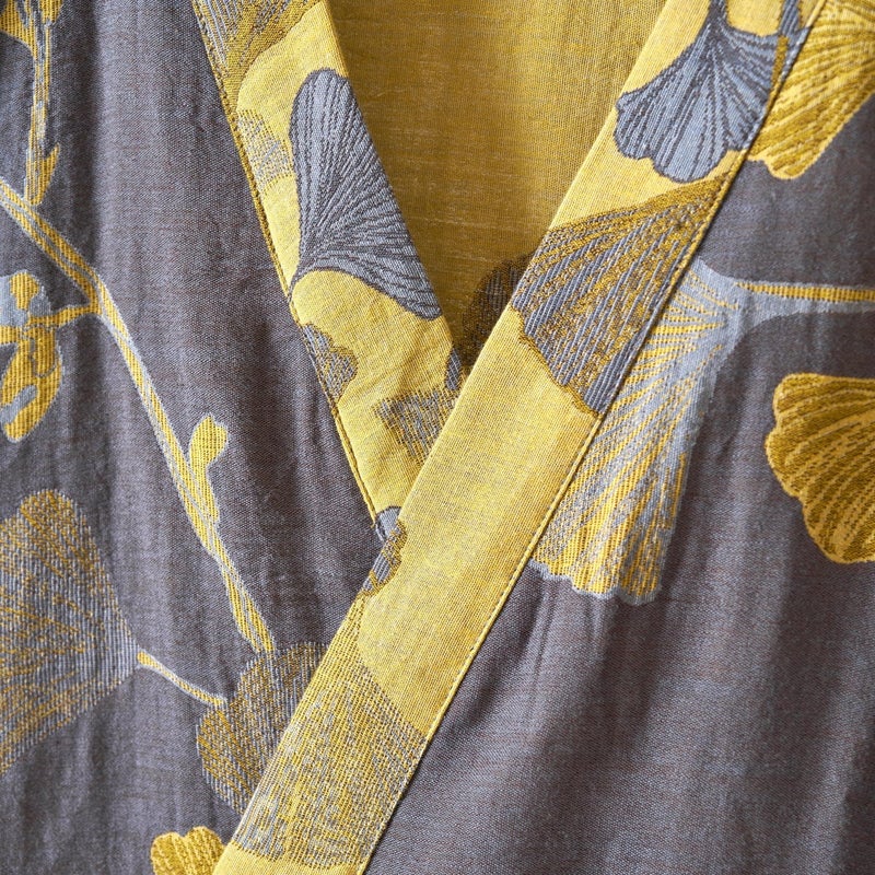 Kimono Robe 100% Cotton Gauze Ginkgo Leaf Print - Image 4