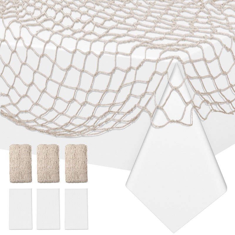 Unittype 6 Pack Fish Net Decorative and Tablecloth Set Cotton Fishnet and Plastic Table Cover Decorations Set for Nautical Themed Party Baby Shower Pirate Decorations Mermaid Party Supply White