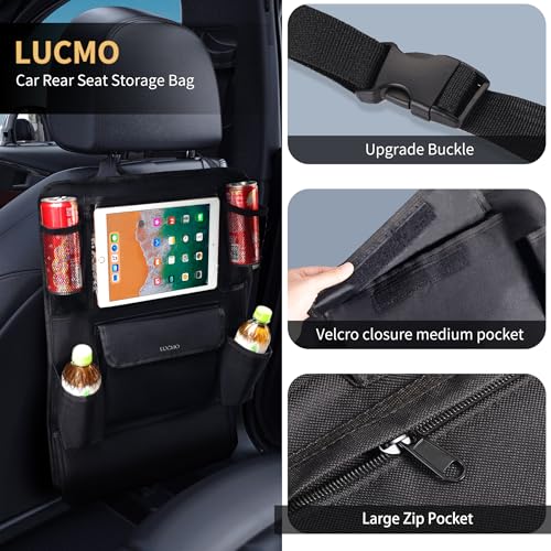 LUCMO Car Backseat Organizer with Touch Screen Tablet Holder,9 Storage Pockets Car Storage Organizer,Protectors Kick Mats Travel Accessories for Kids-Black - Image 2