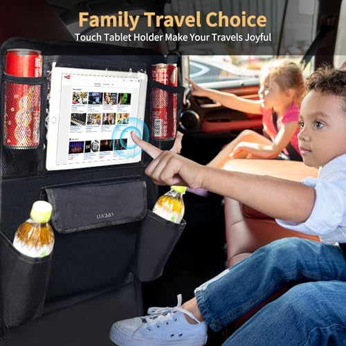 LUCMO Car Backseat Organizer with Touch Screen Tablet Holder,9 Storage Pockets Car Storage Organizer,Protectors Kick Mats Travel Accessories for Kids-Black - Image 5