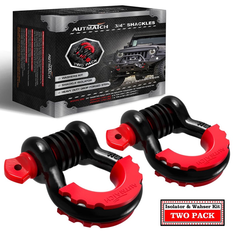 AUTMATCH D Ring Shackle 34 Shackles 2 Pack 41887Ibs Break Strength Clevis Shackle with 78 Screw Pin and Shackle Isolator Washers Kit for Tow Strap Winch Off Road Vehicle Recovery Black  Red