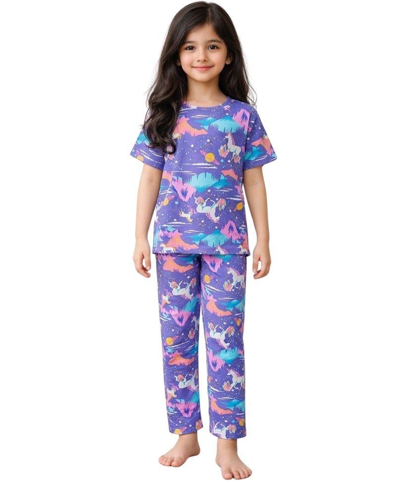 ANTHRILO Summer Unicorn Planet Short Sleeve Pyjama Set - Purple - Image 1