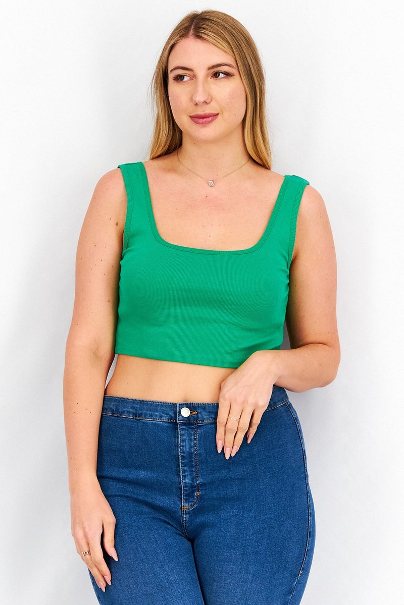 Sinsay Women Scoop Neck Sleeveless Ribbed Top, Green  - Image 1