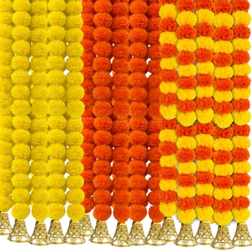 DRYPHON Marigold Garlands Decoration with Bell, Artificial Flowers for Decorations Hanging Garlands for Home Decor, Ganpati Decoration/Diwali Decoration for Home- (Yellow, Orange & Multi, Pack of 15) - Image 1