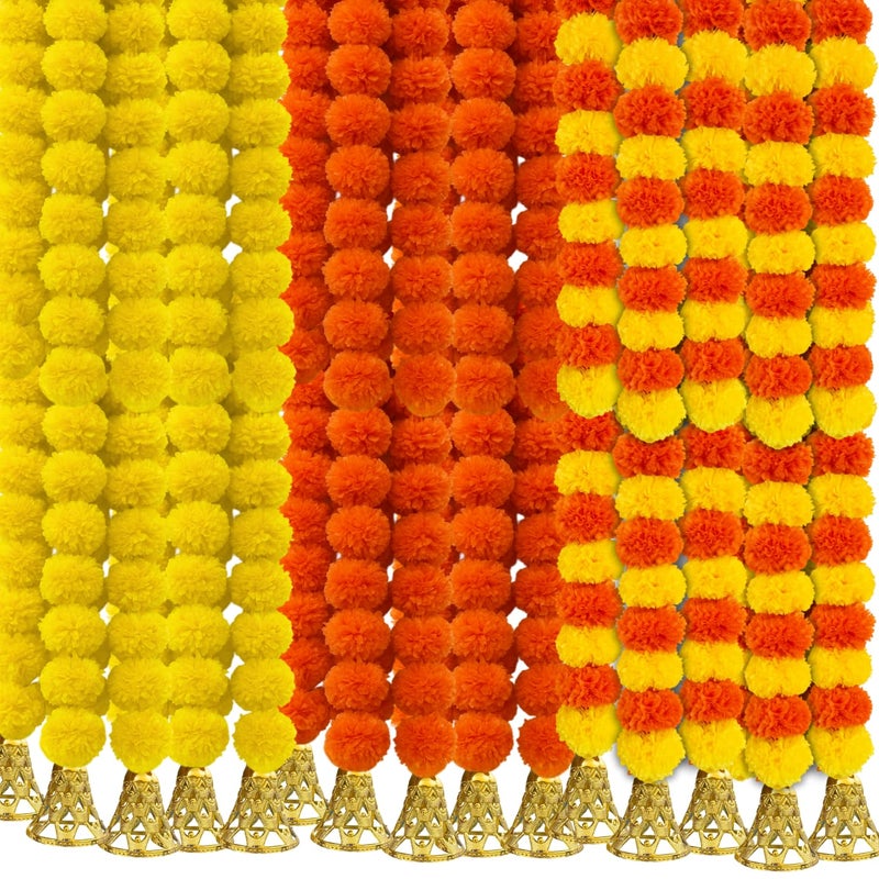 DRYPHON Marigold Garlands Decoration with Bell, Artificial Flowers for Decorations Hanging Garlands for Home Decor, Ganpati Decoration/Diwali Decoration for Home- (Yellow, Orange & Multi, Pack of 15) - Image 5