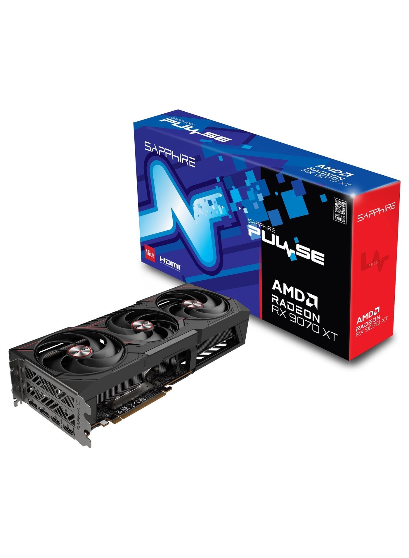 Pulse AMD Radeon™ RX 9070 XT 16GB GDDR6 Graphics Card - PCIe 5.0, 2970 MHz Boost Clock, 64 Compute Units, 64MB Infinity Cache, 4K/8K Resolution Support, Tri-X Cooling, AV1 Encode/Decode, FreeSync, HDMI 2.1, DisplayPort 2.1, 304W Power Consumption | 11348-03-20G