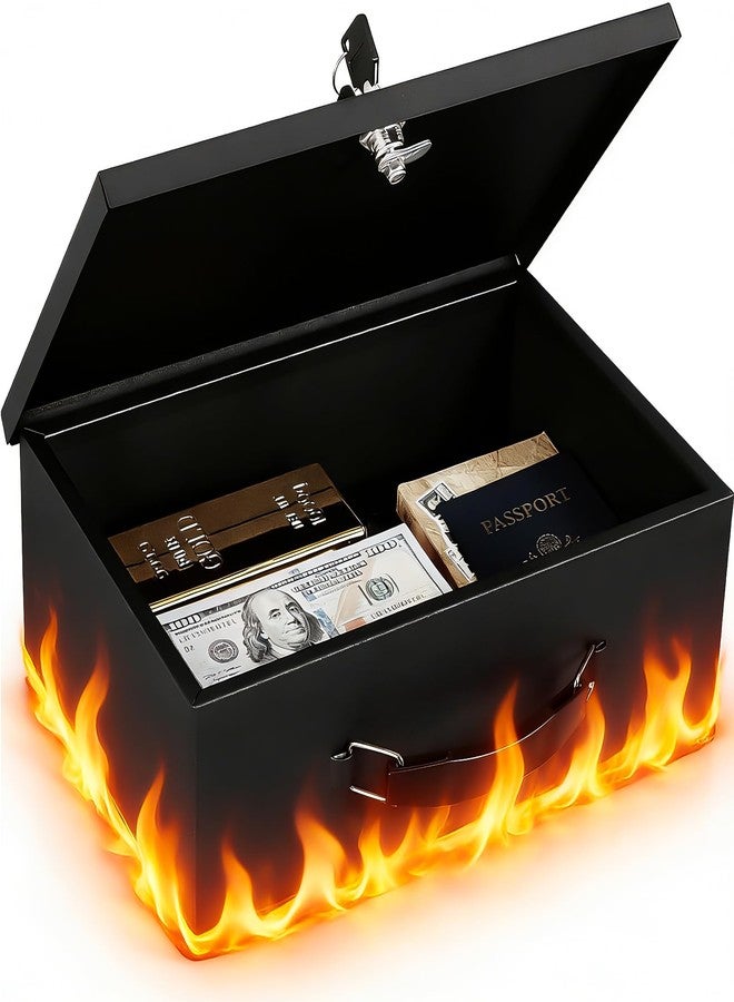 KYODOLED Fireproof Document Box with Key Lock, Small Lock Boxes for Personal Items, Fire and Water Resistance, Fireproof Safe Box for Documents, Jewelry, Passport, Cash, 12.6'' x 8.3'' x 4.3'' Black - Image 1