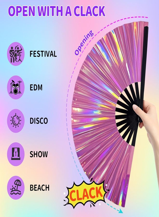 EOSAU Large Holographic Rave Fan Folding Hand Fans for Line Dancing Portable Handheld Clack Fan for Festival EDM Party Music Outfit Accessories (13" Pink 01) - Image 4