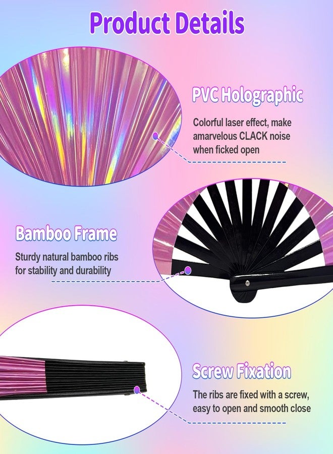 EOSAU Large Holographic Rave Fan Folding Hand Fans for Line Dancing Portable Handheld Clack Fan for Festival EDM Party Music Outfit Accessories (13" Pink 01) - Image 3