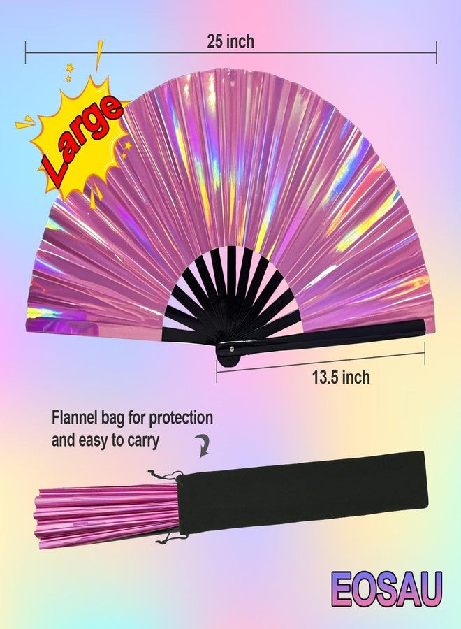 EOSAU Large Holographic Rave Fan Folding Hand Fans for Line Dancing Portable Handheld Clack Fan for Festival EDM Party Music Outfit Accessories (13" Pink 01) - Image 2
