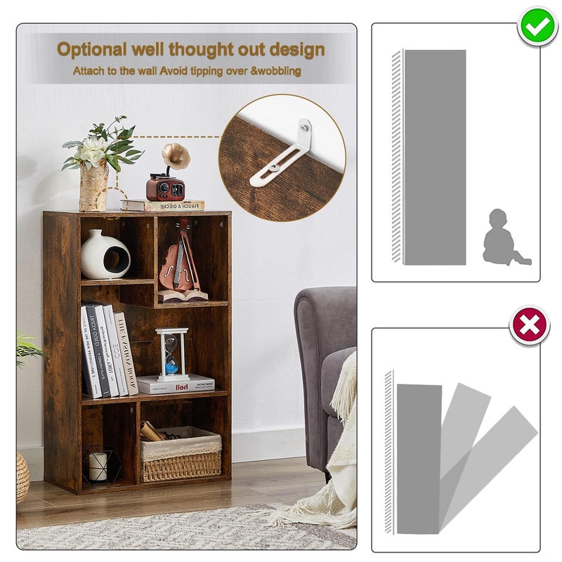 VECELO 5 Cube Modern Bookcases, 3 Tier Bookshelves, 31 Inch High Cubby Storage Organizer, Shelf Hight Up to 12.8 Inches Suit for Most Books, Vertical or Horizontal Use Available,Rustic Brown - Image 5